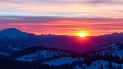 Vivid Sunset Over Snow-Dusted Mountains: A Scenic Landscape