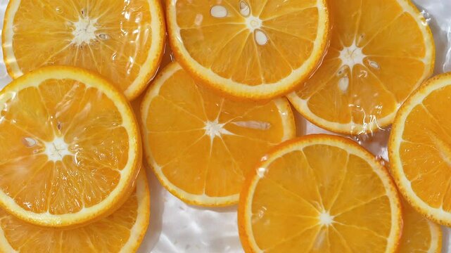 Close up video of mandarin slices surrounded by water ripples. White background with half oranges placed on water waves.