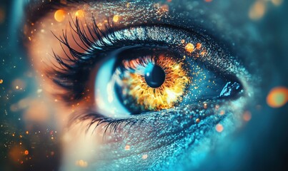 Close-up of a mesmerizing eye with fiery orange iris and sparkling details