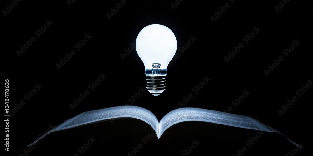 Poster illuminated book with floating light bulb symbolizing knowledge and inspiration