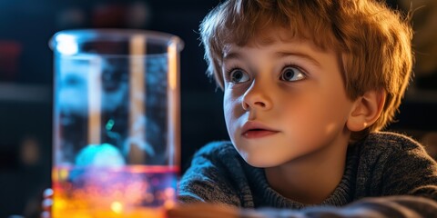 Curious boy observing colorful liquid experiment in laboratory setting