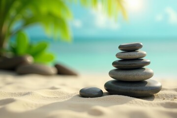 Obraz premium Tranquil scene of spa stones on soft sandy background, harmony, zen