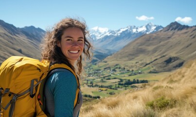 Naklejka premium Smiling hiker with yellow backpack enjoying mountain view in New Zealand