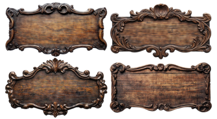 Set of ornate vintage wooden signboards with intricate carved details, isolated on transparent cutout background