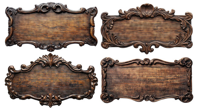 Set of ornate vintage wooden signboards with intricate carved details, isolated on transparent cutout background