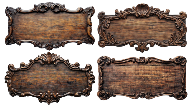 Set of ornate vintage wooden signboards with intricate carved details, isolated on transparent cutout background