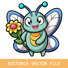 Sticker template with cartoon character of a butterfly holding a flower