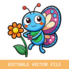 Sticker template with cartoon character of a butterfly holding a flower