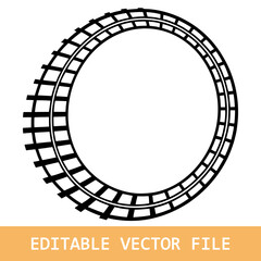 Railway train track forms circular route in vector illustration on white background, showcasing round curved rail pattern and smooth railroad path icon design.