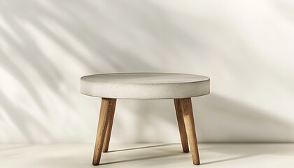3D rendered round concrete side table with elegant wooden legs, high-resolution image on a white background with soft shadows and clean focus. Full ultra HD,