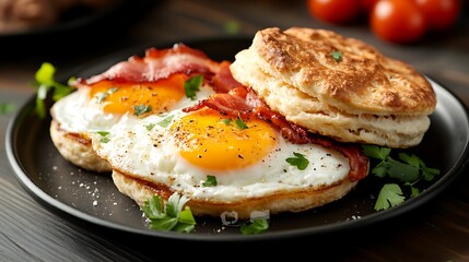 Horizontal of two eggs over easy bacon and a biscuit