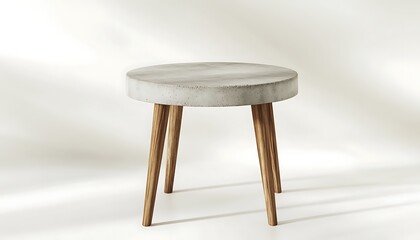 3D rendered round concrete side table with elegant wooden legs, high-resolution image on a white background with soft shadows and clean focus. Full ultra HD,