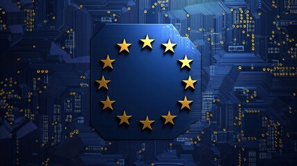 European Union Flag with Golden Stars on Circuit Board Background