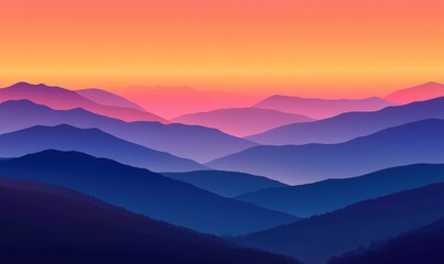 Stunning gradient sunset over layered mountain ranges with vibrant colors