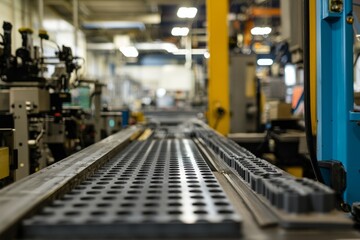 Naklejka premium Freshly molded parts cool on conveyor belts. Machines work steadily in the background