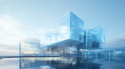 Futuristic Glass Building, Calm Waters, Architectural Design, Concept Image