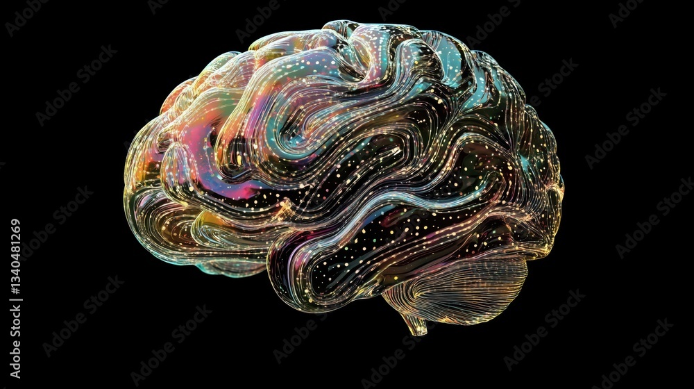 Poster colorful abstract representation of a brain with flowing lines and glowing dots