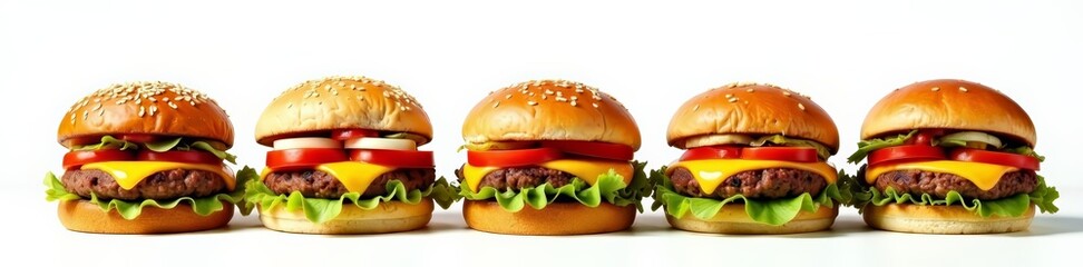 Variety of gourmet burgers with juicy patties, fresh toppings, and melted cheese on white background, fast food, delicious