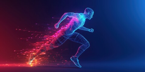 Dynamic wireframe runner in motion with colorful light trails and digital effects