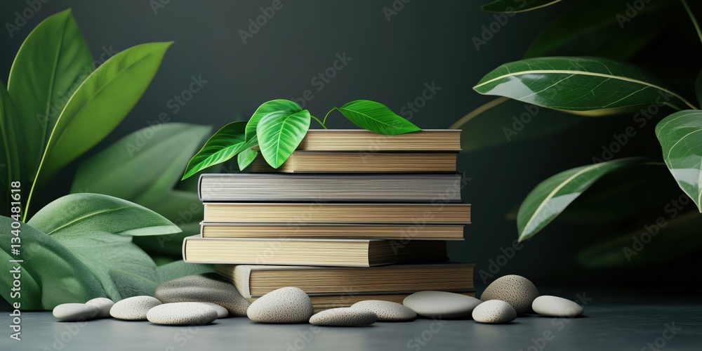 Poster stack of books surrounded by green leaves and smooth stones in serene setting