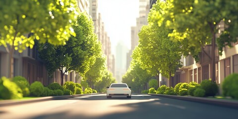 Urban street scene with modern car driving through tree-lined avenue in bright sunlight