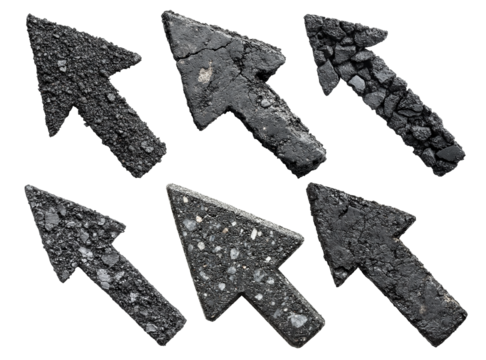 Set of asphalt arrows with rough texture, isolated on transparent cutout background - Powered by Adobe