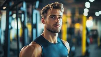 Young Fit Man Posing in Sportswear at a Modern Gym with Soft Lighting