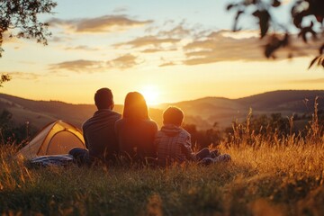 A dreamy golden-hour photo of a family at a campsite, their backs turned to the camera, gazing at the sunset over the hills.