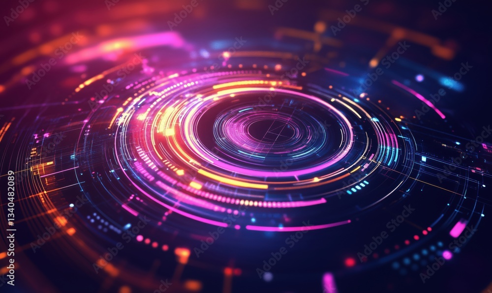 Poster abstract digital technology background with vibrant circular patterns and glowing lines