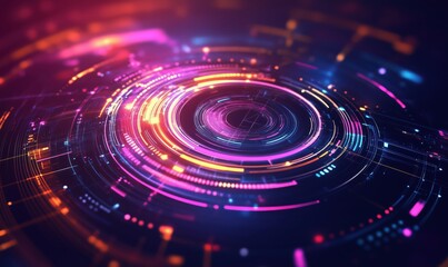 Abstract digital technology background with vibrant circular patterns and glowing lines