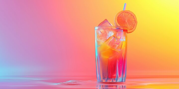 Vibrant cocktail with ice and orange slice against colorful gradient background