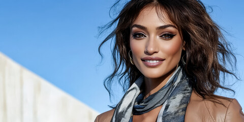 Fototapeta premium Smiling woman wearing a scarf poses outdoors in bright sunlight with clear blue sky