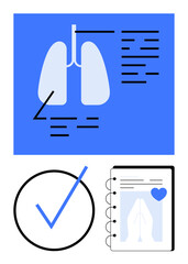 Lung anatomy diagram with text, checklist with blue checkmark, medical document with heart icon. Ideal for healthcare, diagnosis, lung disease, research, medical records, education flat simple