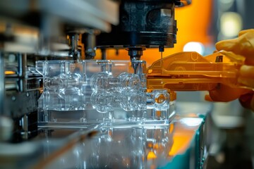 Injection molding machines shape plastic parts. Workers inspect the finished products