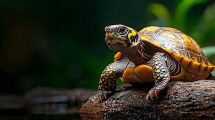 Obraz premium Yellow Spotted River Turtle Resting on Log Near Slow Moving Stream Its Eyes Gazing at the Calm Water in a Peaceful Scenic Nature Setting
