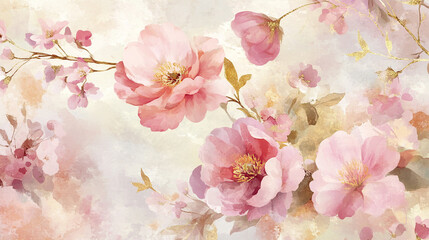 Vibrant Pink Rose And Cherry Blossoms on Soft Background Image, A Delicate Floral Image Perfect for Wedding Invitations, Greeting Cards, Soft pink peonies bloom against a gentle watercolor background.