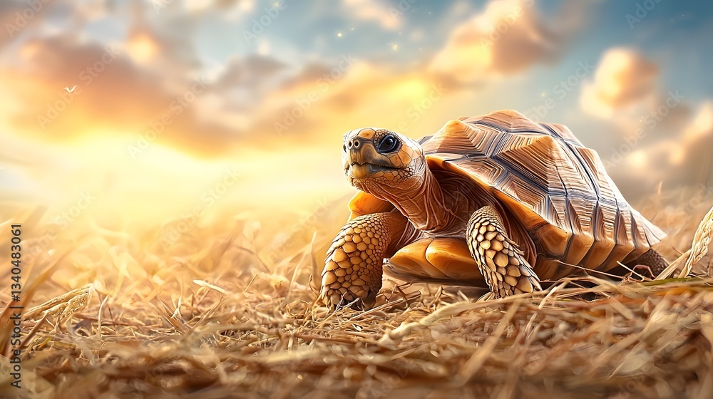 Aufkleber a radiated tortoise slowly makes its way through the dry sparse grass its striking star patterned sh