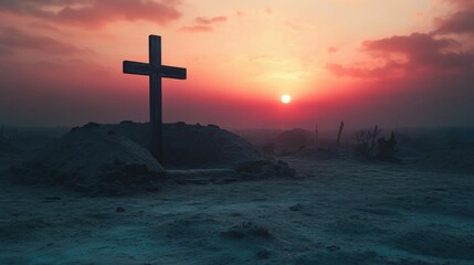 Tomb Empty With Shroud And Crucifixion At Sunrise - Resurrection Of Jesus Christ