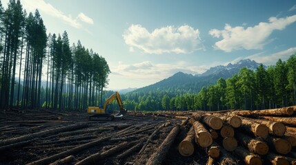 Obraz premium Excavator Operates in a Scenic Logging Area Surrounded by Majestic Mountains and Lush Green Forest Under Bright Blue Sky