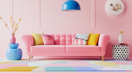 Modern living room interior with a pink sofa, a colorful carpet, and pink wall