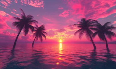 Stunning sunset over tranquil ocean with silhouetted palm trees