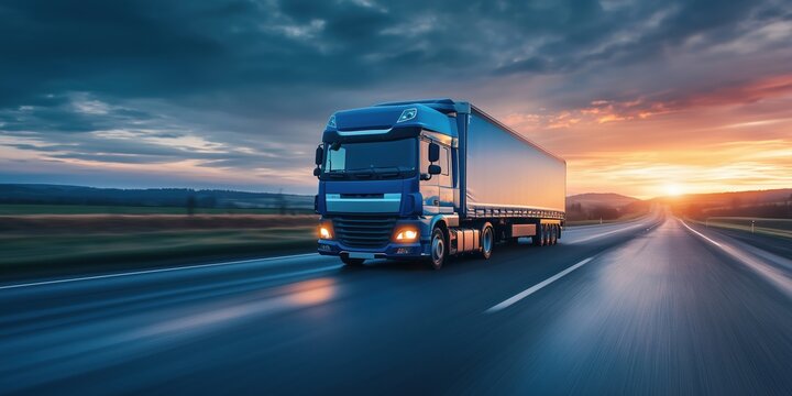 Blue truck driving on highway at sunset with dramatic sky and blurred motion effect