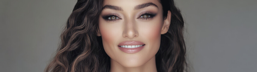Naklejka premium Woman with beautiful curls and a radiant smile posing in a neutral setting