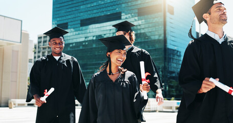 City, graduation and smile with group of students outdoor for celebration or education event....