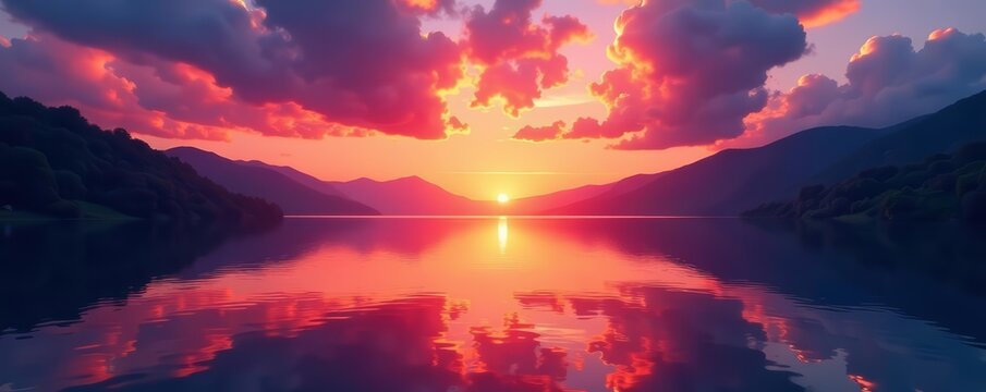 Vibrant sunset colors reflected on peaceful lake surface, lake, landscape