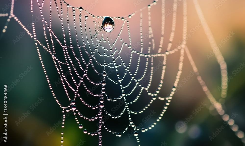 Poster Intricate spider web adorned with dew drops reflecting light in soft focus background