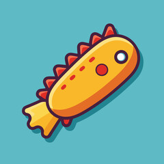 Cartoon Toy Character Vector Illustration, A vector illustration of a playful cartoon toy character with a yellow body, red details, and a smiling face, set against a blue background.  
