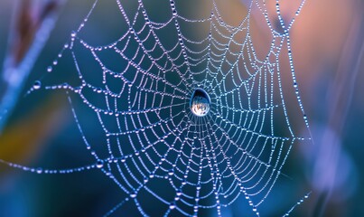 Intricate spider web adorned with dew drops glistening in soft morning light