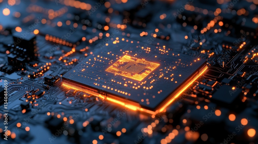 Poster glowing tpu chip close-up with circuitry and light effects in dark background