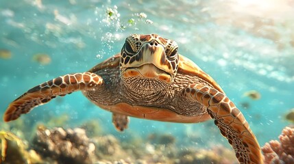 Obraz premium Loggerhead sea turtle gliding gracefully through a vibrant coral reef its strong beak delicately picking at the algae growing on the vibrant underwater landscape